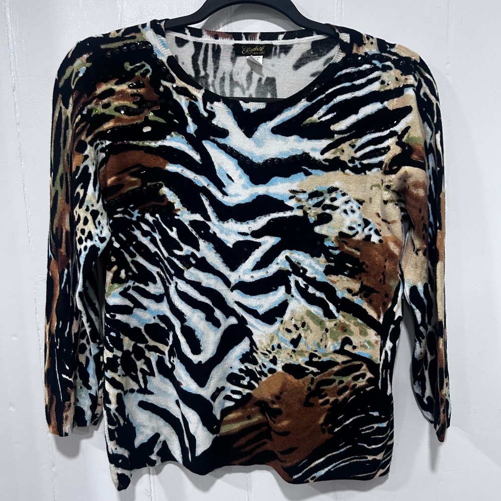 Elizabeth New York Mixed Animal Print Sequin Embellished Knit Sweater Large